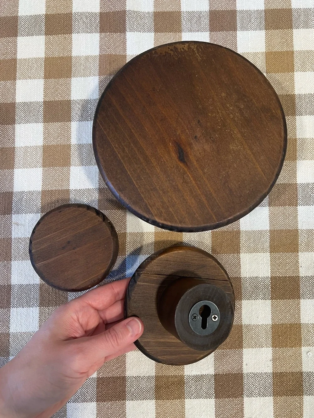 Set of 3 Round Walnut Wood Wall Hooks / Coat Hangers